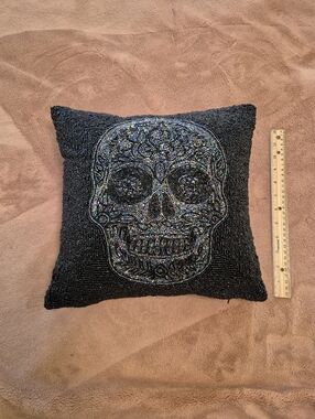 Noir Night Beaded Skull Accent Pillow - Black with Iridescent Beads